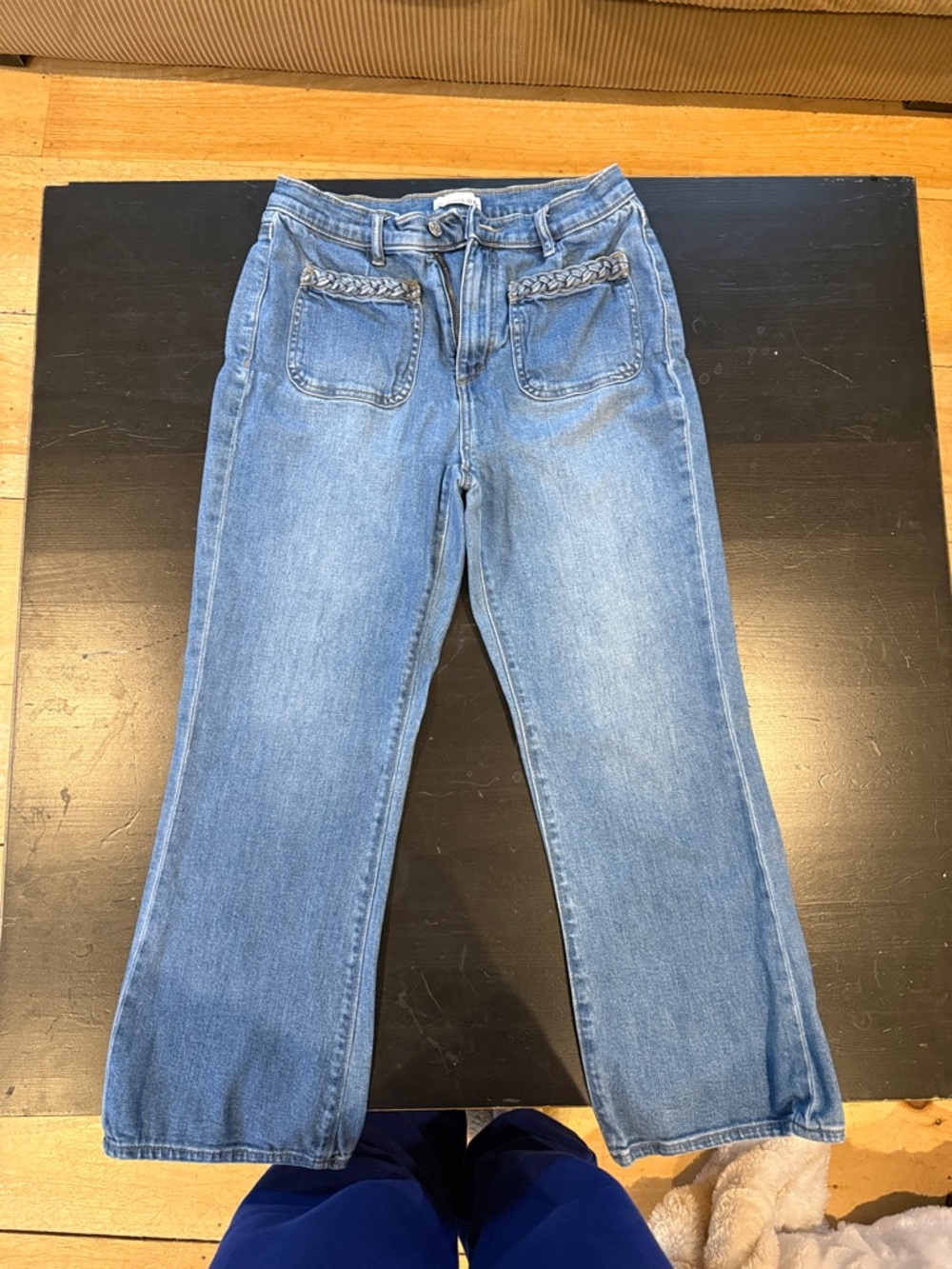 LOFT Medium Blue Straight Leg Jeans with Braided Pocket Trim